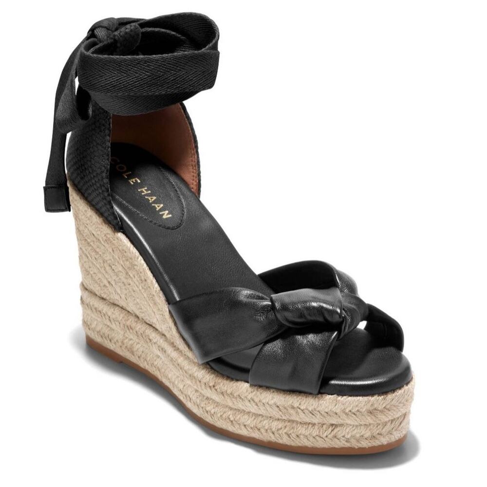 NWT Cole Haan Cloudfeel Hampton ankle tie espadrille wedge sandal in Black, 9 - Picture 2 of 11